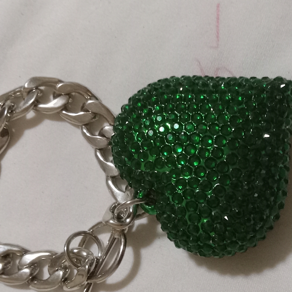 Green and Silver Heart Bracelet with Sparkling Charm NWOT